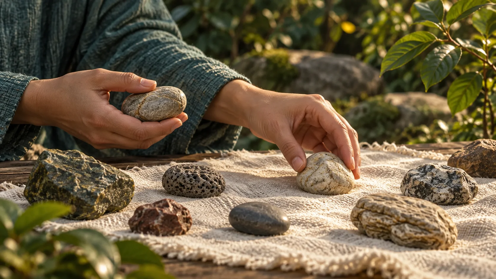 A pair of hands individually examines several mineral stones laid on cloth, setting one back and keeping another.