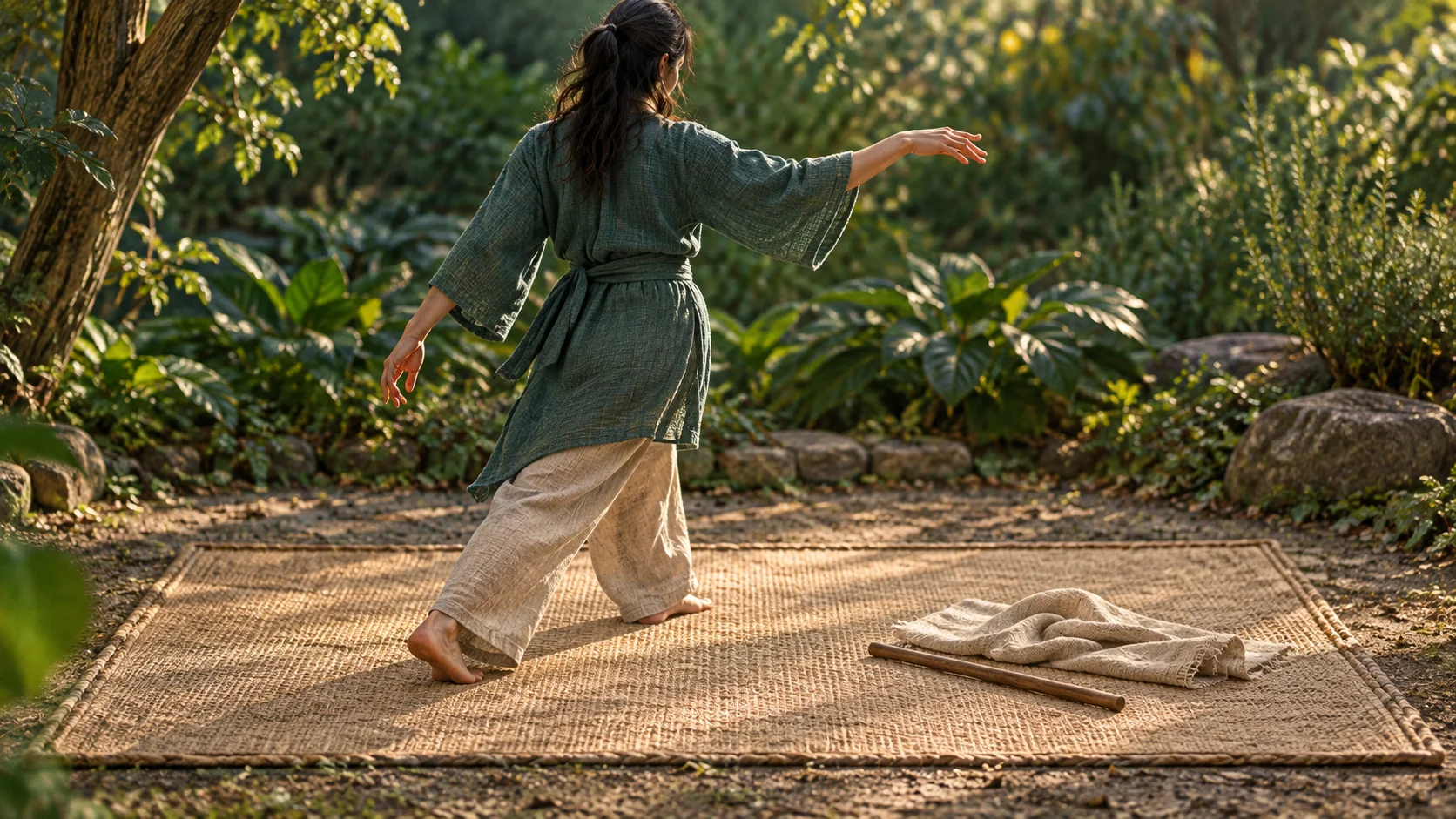 A figure seen from behind rehearses a free motion inside a clearly bordered woven mat with a cloth and stick nearby.