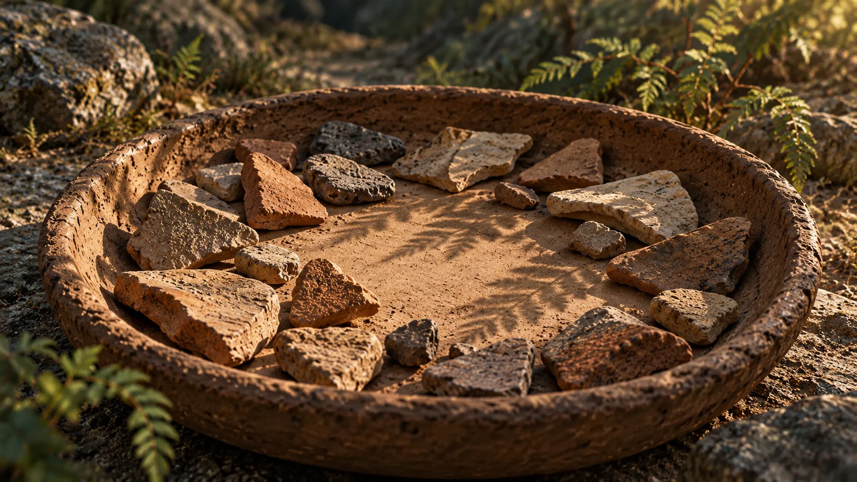 a shallow clay tray fills the foreground with many unmarked, weather-softened earthen fragments arranged around a single open space, while a passing leaf-shadow links their edges w