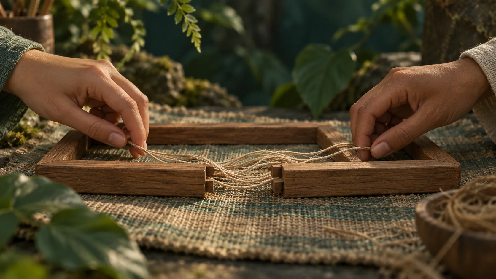 two plain wooden halves of a repair frame lie separated on a low woven mat, with loose fiber strands gathered between them but not yet pulled tight, inviting careful present-day re