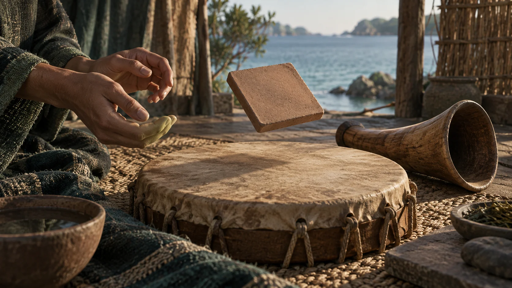 a matte hide drum dominates a low work surface beside a wooden horn and a plain clay tile held just above the surface by its own captured moment, with the tools quiet and unadorned