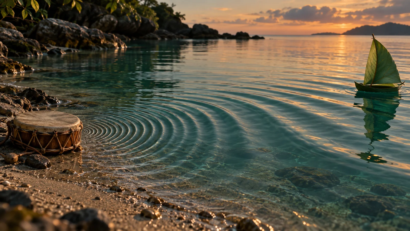 parallel bands of water ripples fill most of a quiet shore, beginning closely spaced near a small resting drum at one edge and slowing into broad intervals toward a folded leaf sai