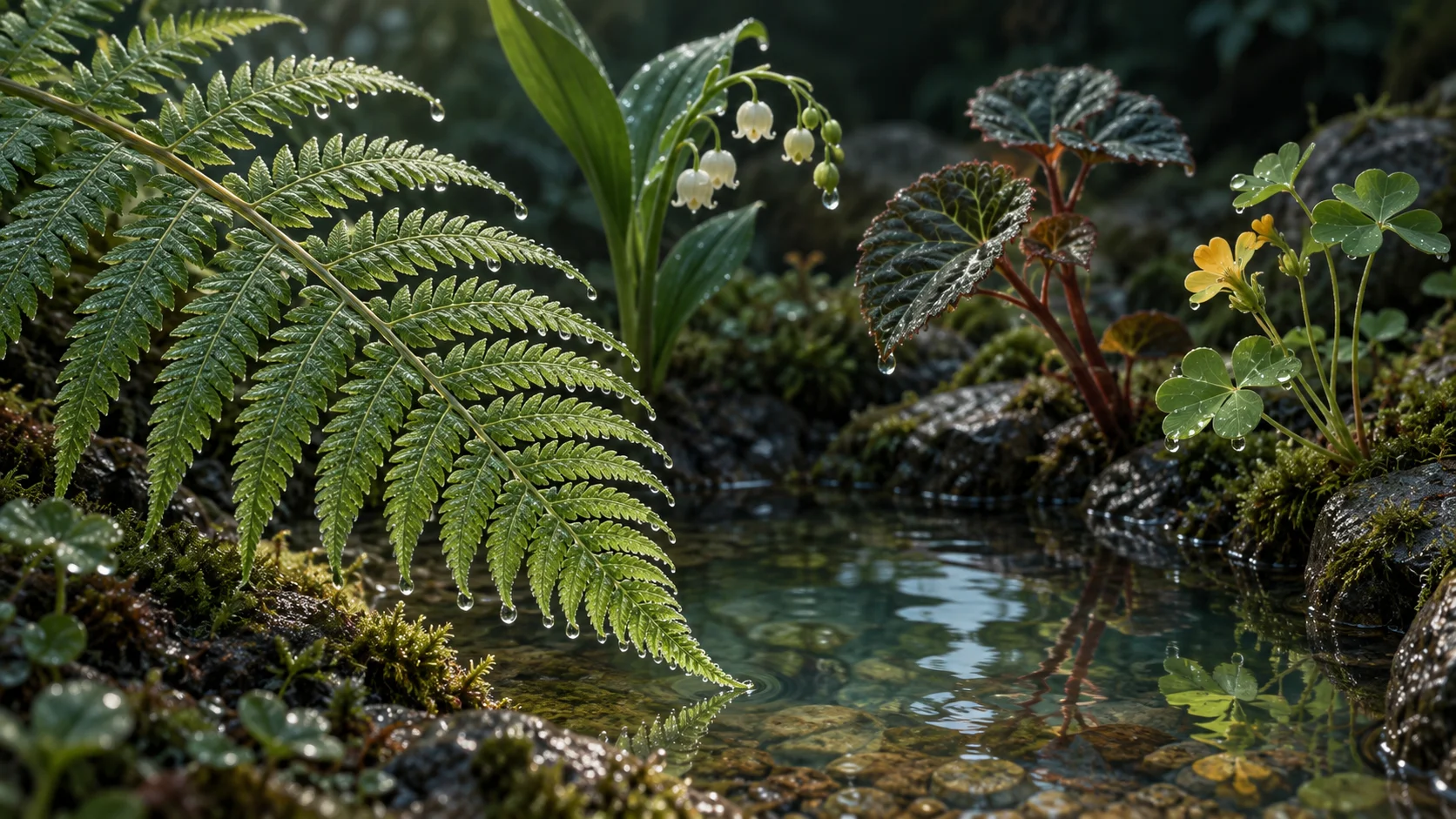 one intricate fern frond fills the foreground in precise detail while several different living stems curve toward the same small pool without touching or crowding it; tactile paint