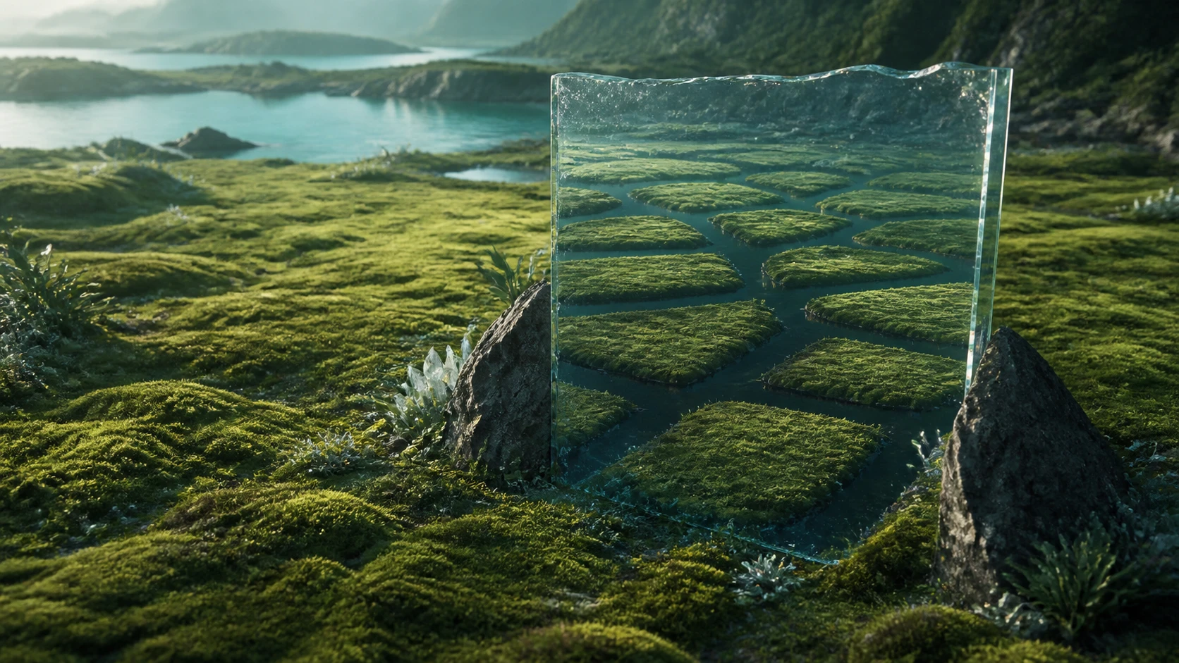 One continuous moss field appears separated only through a nearby crystal screen