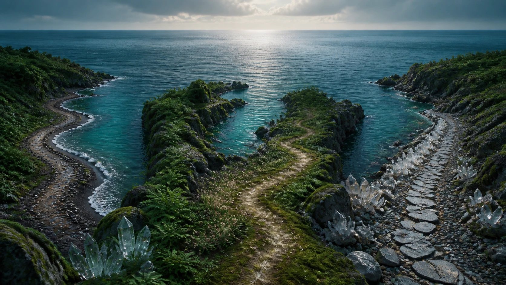 Three inlet routes follow their own local natural cues beneath one shared unclaimed horizon