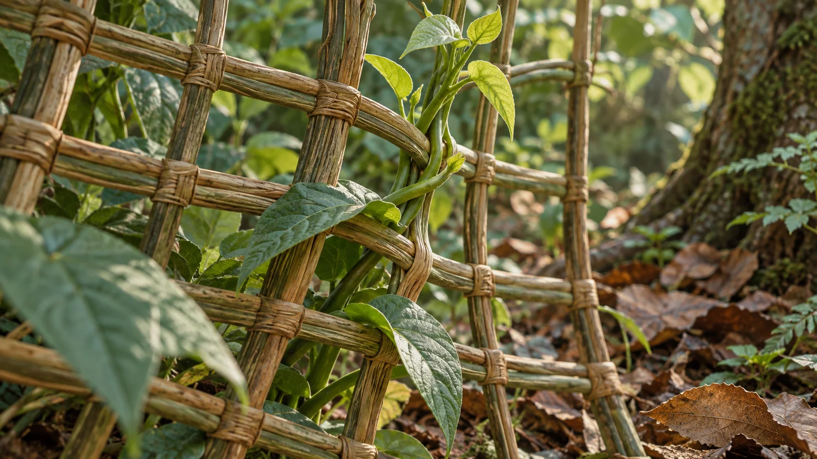 a flexible woven reed lattice bends under a young climbing plant and gives it a firm open support as the plant rises through, with the lattice and new growth filling most of the fr