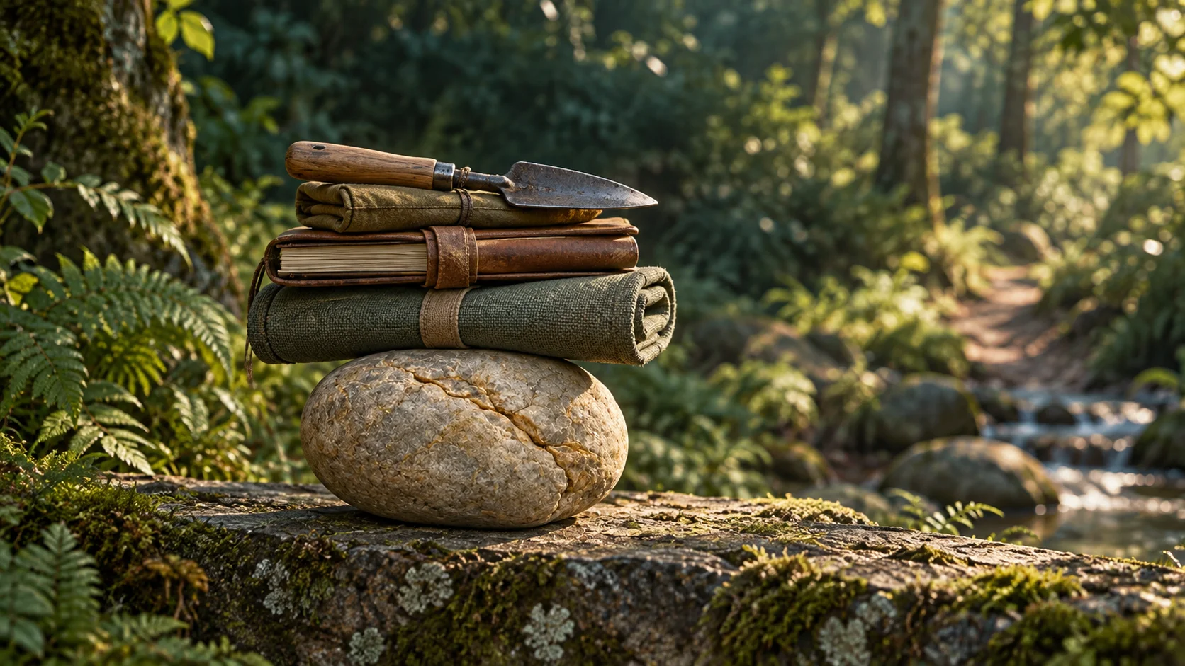 A plain frosted river stone balances a stack of unopened work tools on a low stone beam