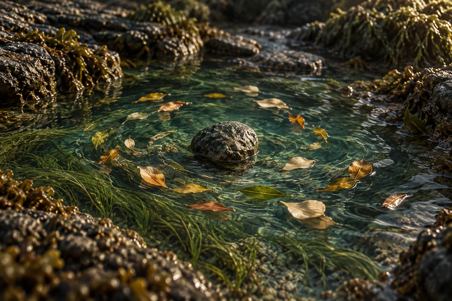 A small still crystal-like mineral form rests motionless at the center while loose leaves and petals drift in a slow circular current around it
