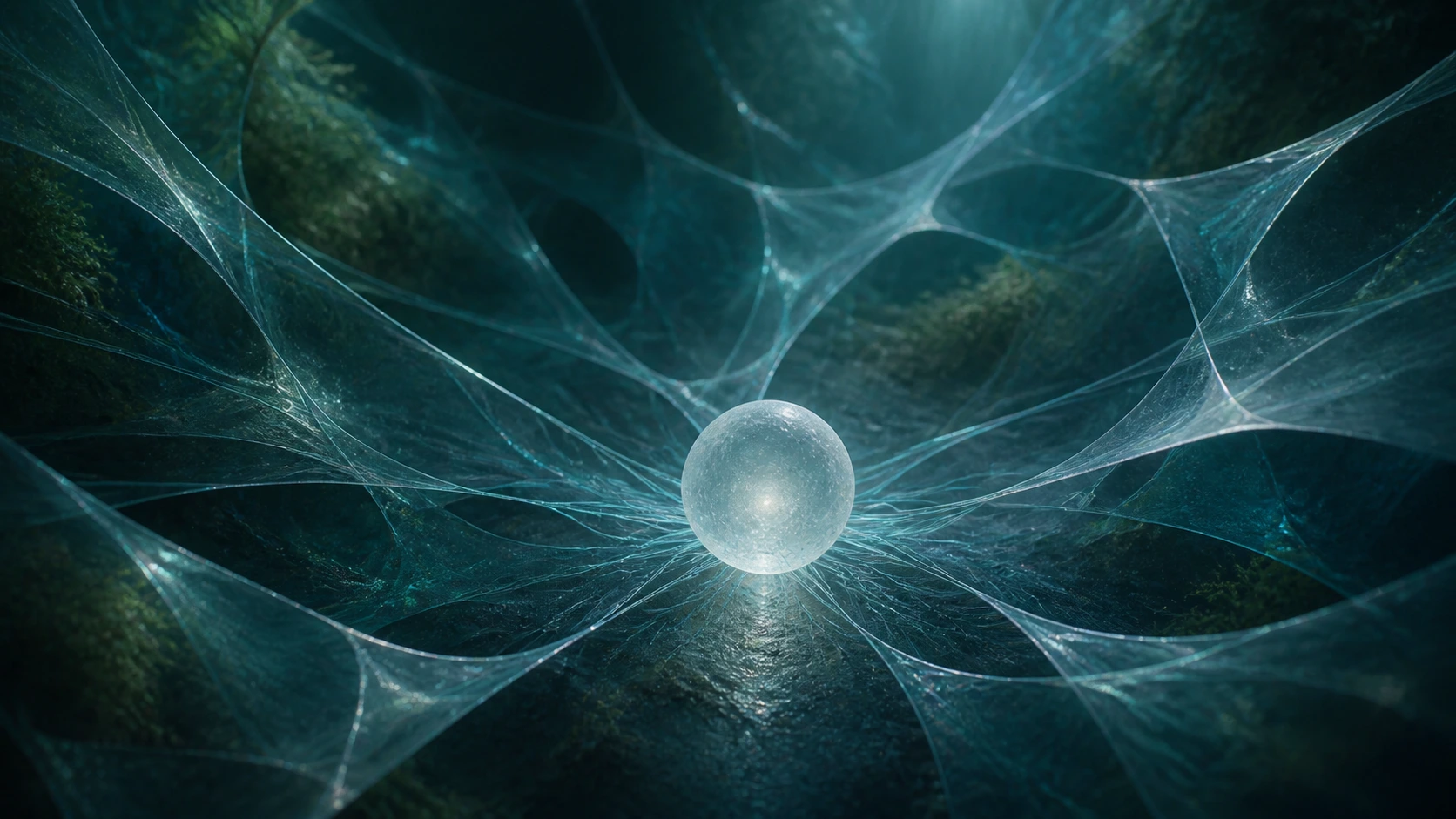 Fine blue-silver threads converge on one still frosted sphere amid abstract translucent planes