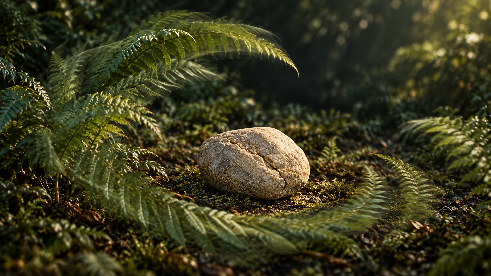 A small still frosted mineral form rests inside wide, slowly rotating translucent fern fronds that circle it without touching