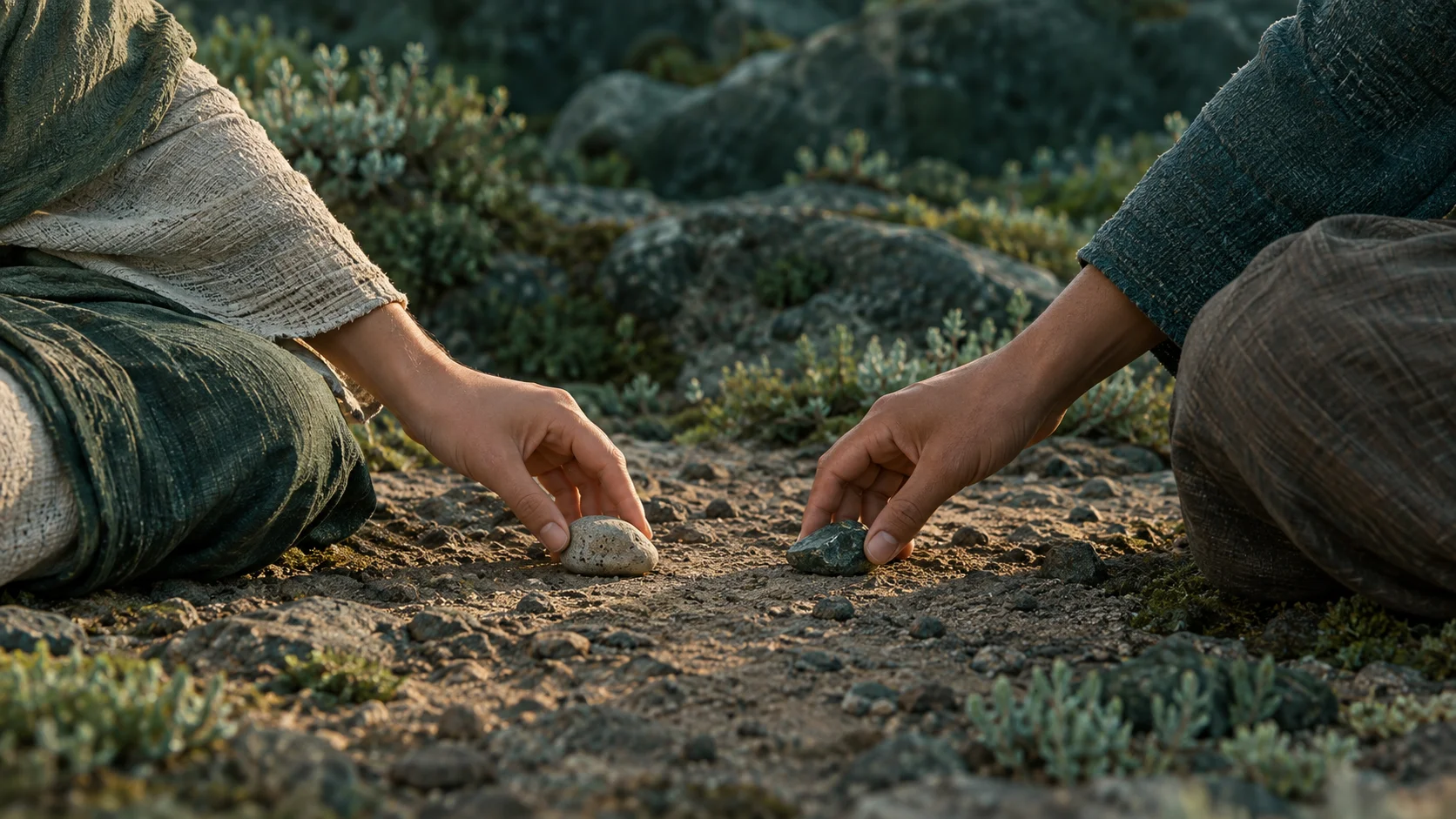 Two people remain in their own separate calm spaces, each placing one small stone onto the same patch of open ground between them without crossing into the other's space